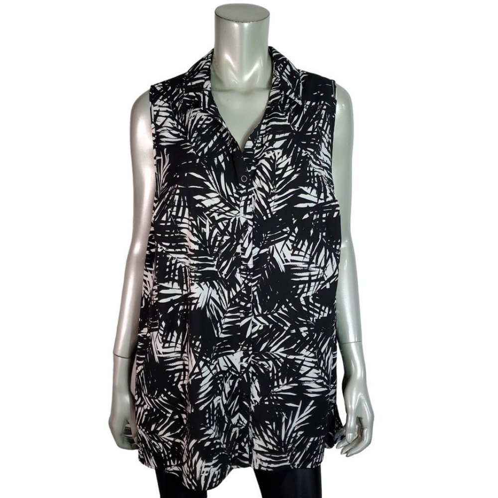 Catherines Top Plus Size 14/16W Side Slits Tunic Collared Button Down Black